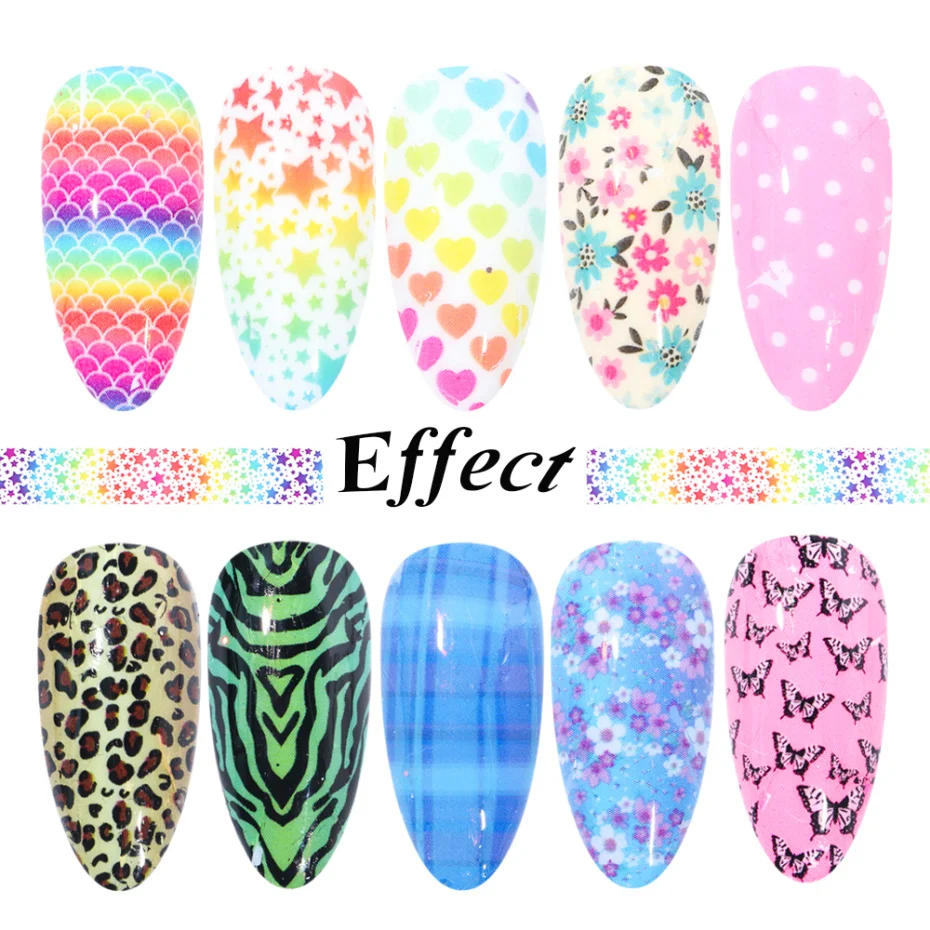 10 Types/Case Holographic Pink Flower Leopard Dot Plaid heart butterfly Mixed Designs Starry Sky Nail Foil Stickers Set