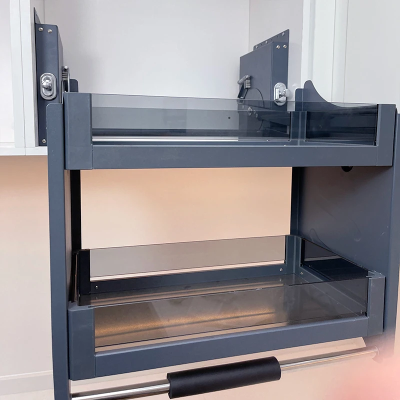 kitchen glass storage rack pull down cabinet lift system pantry organizer cabinet basket