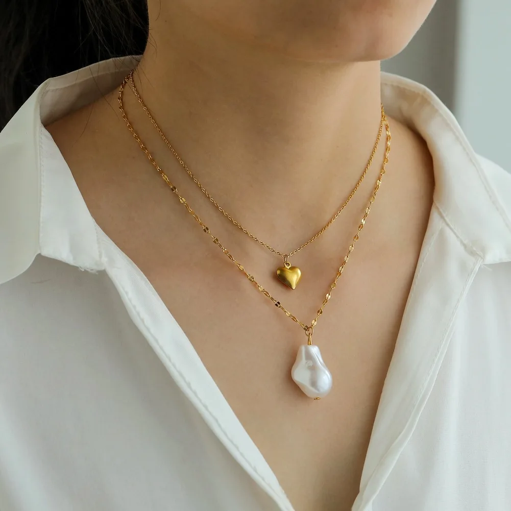 Stylish Baroque pearl necklace simple exquisite heart pendant love necklace chain jewelry necklace for women