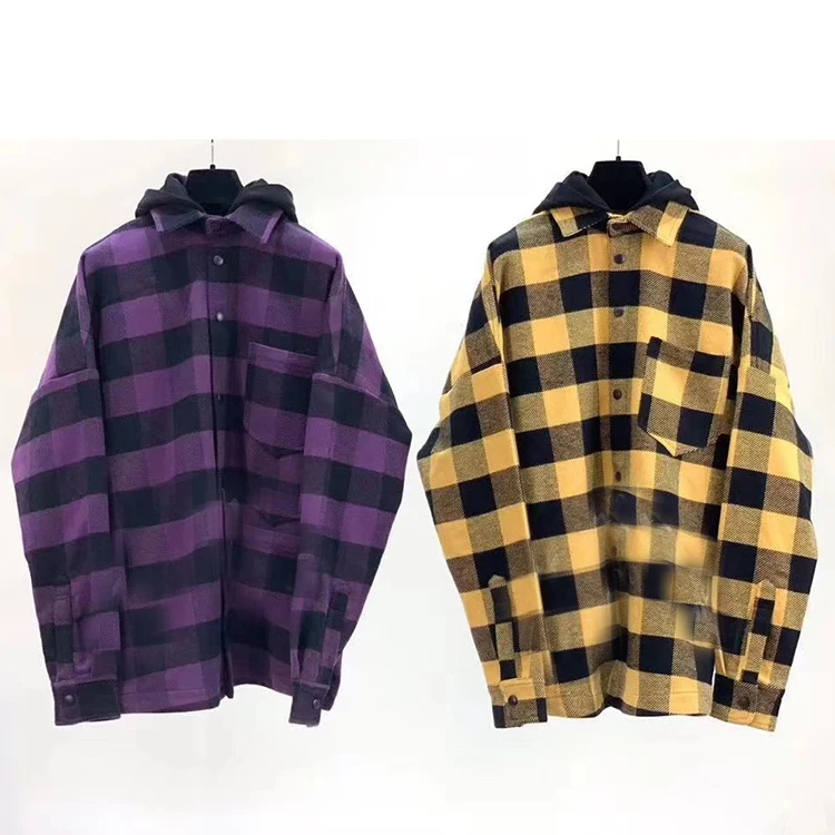 Flannel Shirt Yellow Polyester Flannel Shirt Men Plaid Shirt Long Sleeve