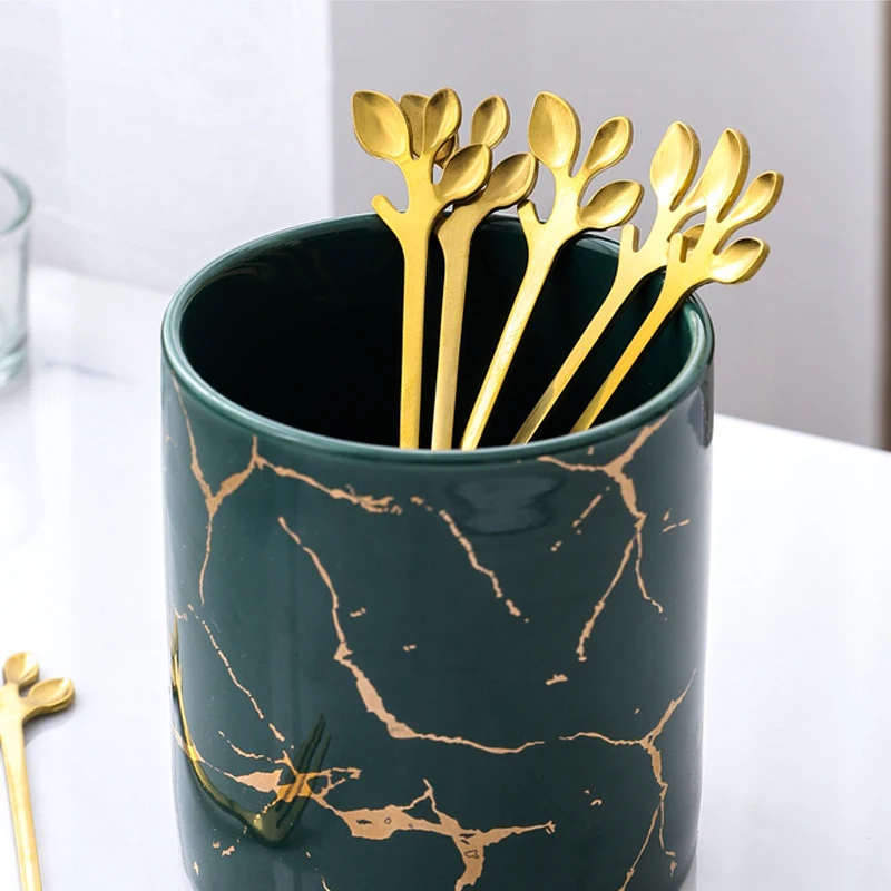Unique Design Stainless Steel Cutlery Tea Spoon Set Marble Ceramic Handle Golden Dessert with Holder