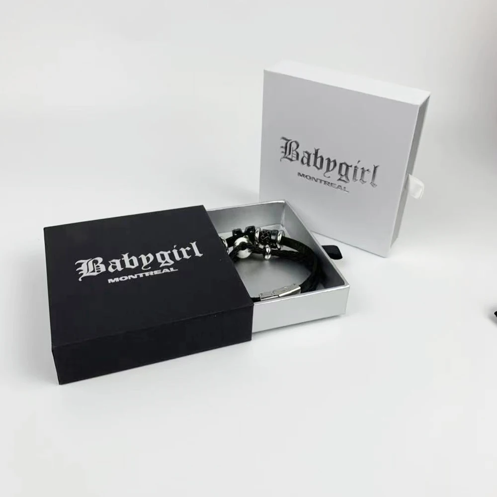 High quality Custom logo slide out  drawer cardboard paper gift jewelry packaging box set printed  black/white Bracelet jewelry