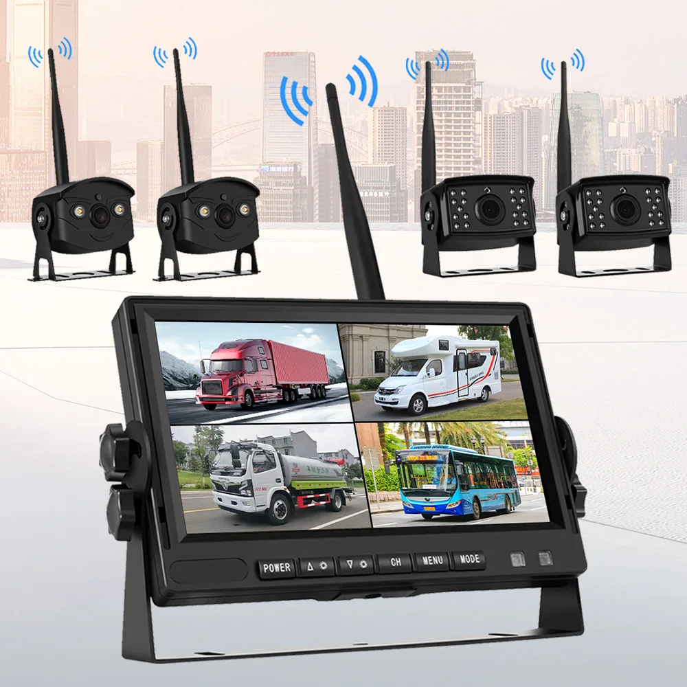 Wireless Backup Camera Rearview 4 Channels 2.4g 7 9 10 Inch Wireless Monitor Camera Kit for Truck with Dvr Video Recording