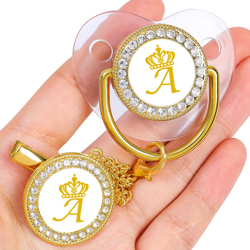 Name Initials Baby Pacifier Personalized Pacifiers Chain Clips Cover Set Transparent Bling Rhinestones Silicone Teether Nipple