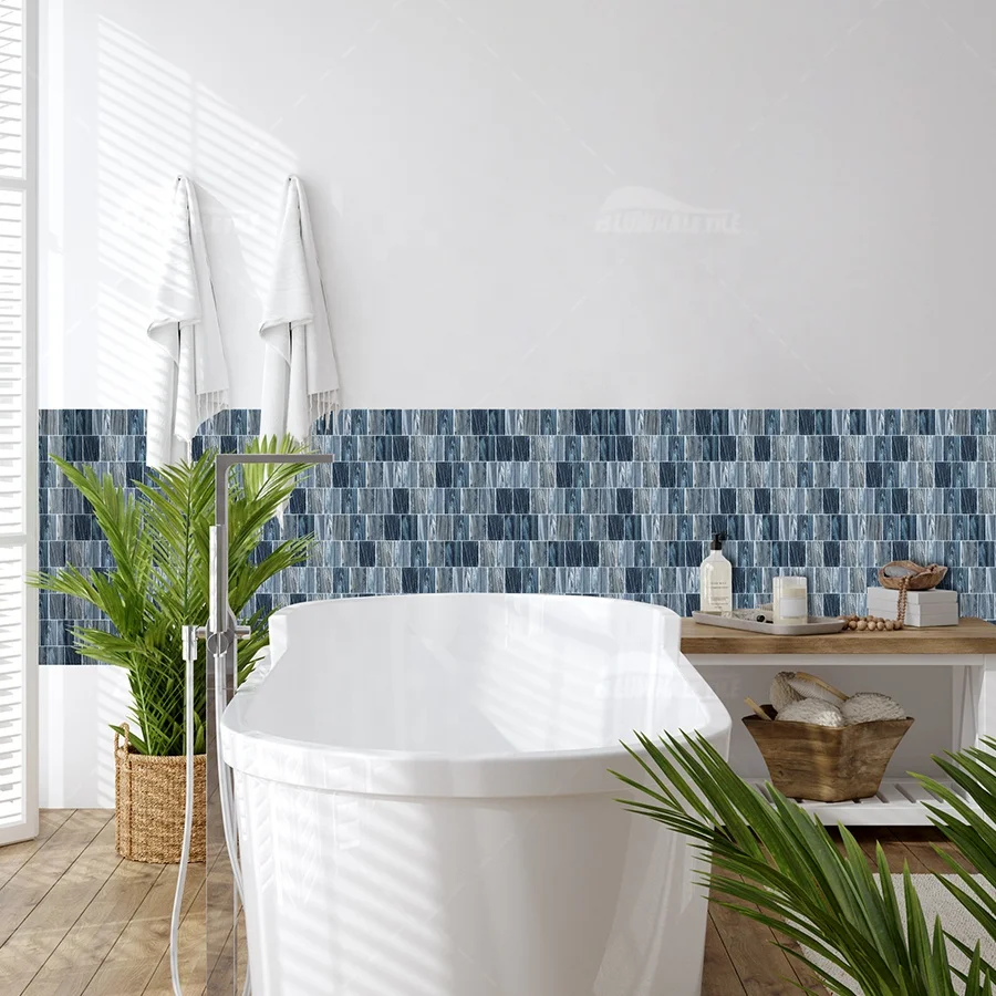 Bluwhale Tile Backsplash Pool Waterline Blue Pearl White Matte Rectangle Iridescent Glass Moasic Tile For Swimming Pool