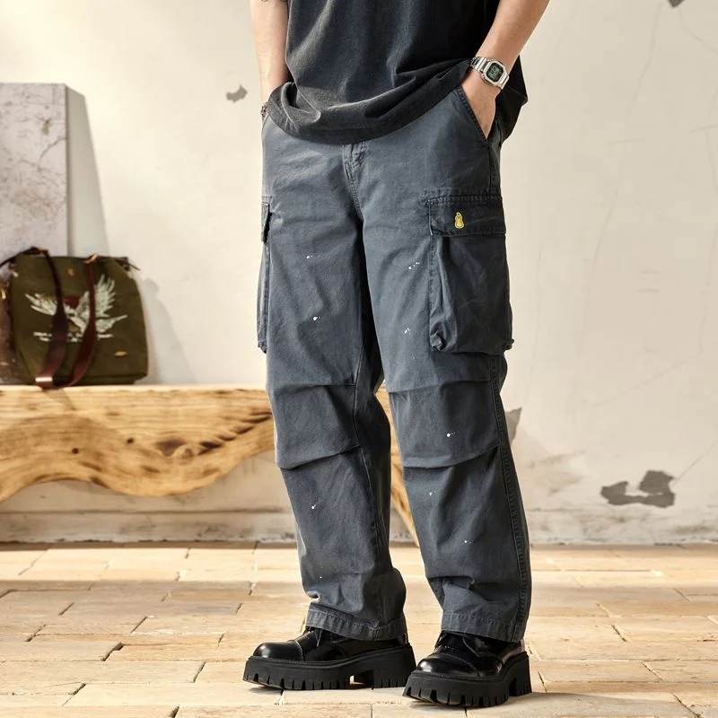 NIUKAAO American retro heavy wash to do old ink casual overalls men loose fashion brand all-match straight barrel cotton pants