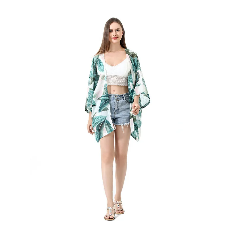 Пляжная куртка летнее кимоно средней длины пляжный халат тонкая шифоновая куртка-бикини