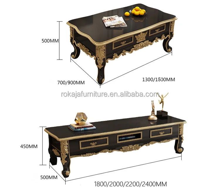 European Ebony Marble Coffee Table Solid Wood Carv Coffee Table Tv Stand Combo Luxury Hotel Home Living Room Black Coffee Table