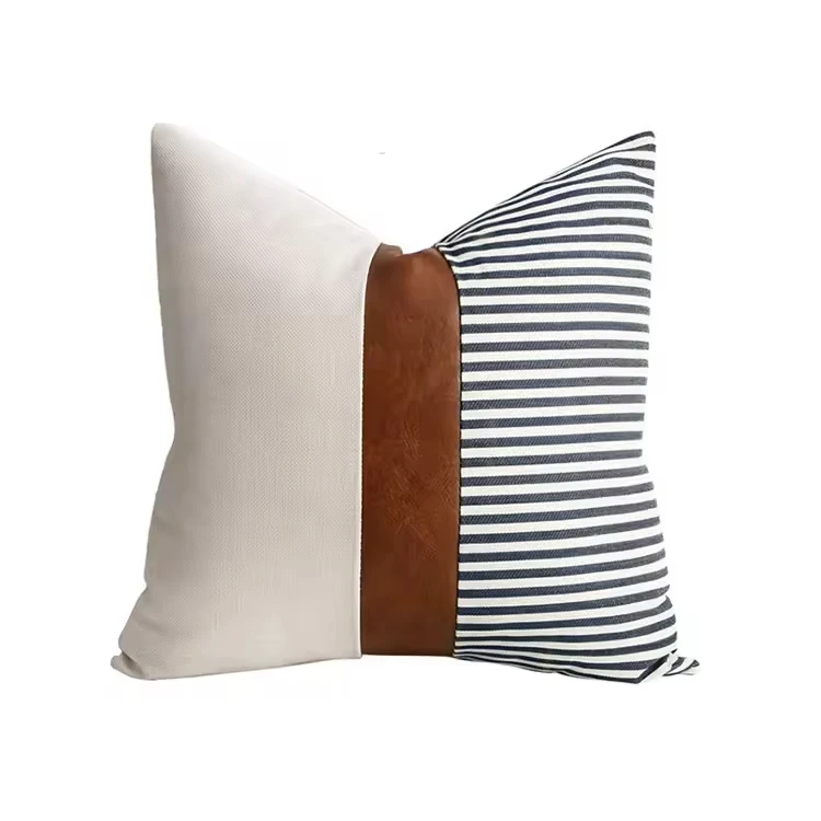 2024 hot sale custom cut and stripe vinyl pu leather canvas splicing 45x45 decorative cushion pillow cover striped cushion cover