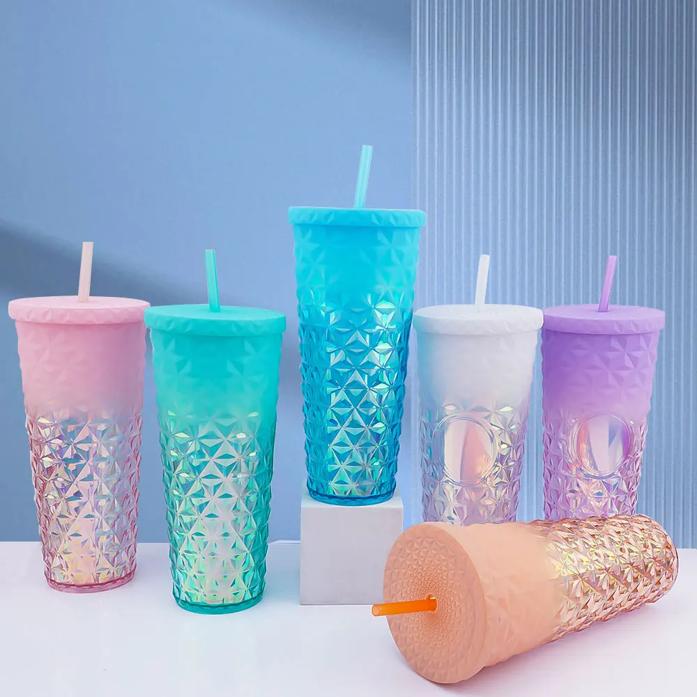 Diamond gradient double wall plastic tumbler 24oz studded acrylic tumbler with straw coffee straw cups