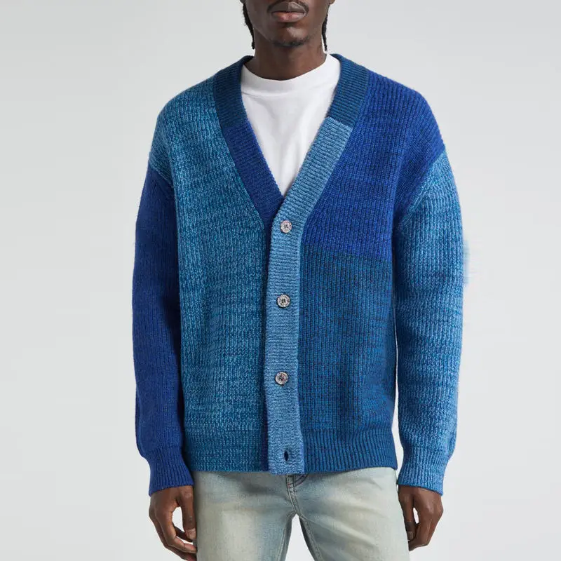 Winter Fashion Custom Logo Knitted Knitwear V Neck Long Sleeve Color Block Men Cotton Cardigan Coat Sweater For Men