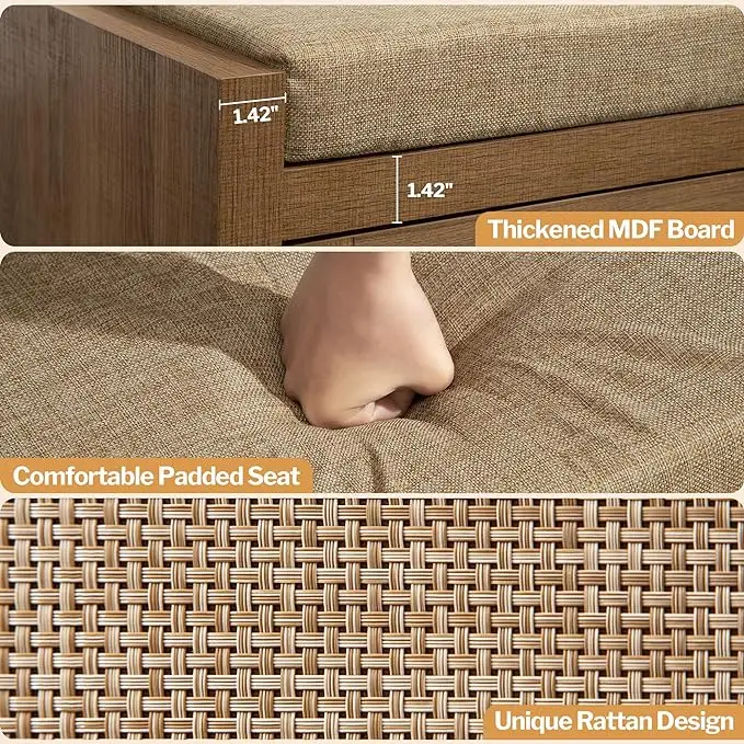 Rattan Shoe Cabinet Entryway Cabinet with Storage Drawer and Linen Seat Cushion for Entryway Hallway and Bedroom