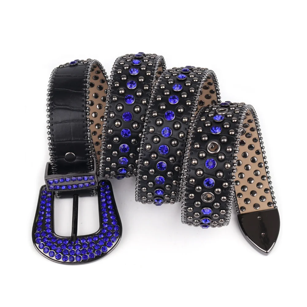 TENGMEI Retro Black Bling Bling Rhinestone Belt With Blue Diamonds And Round Rivets