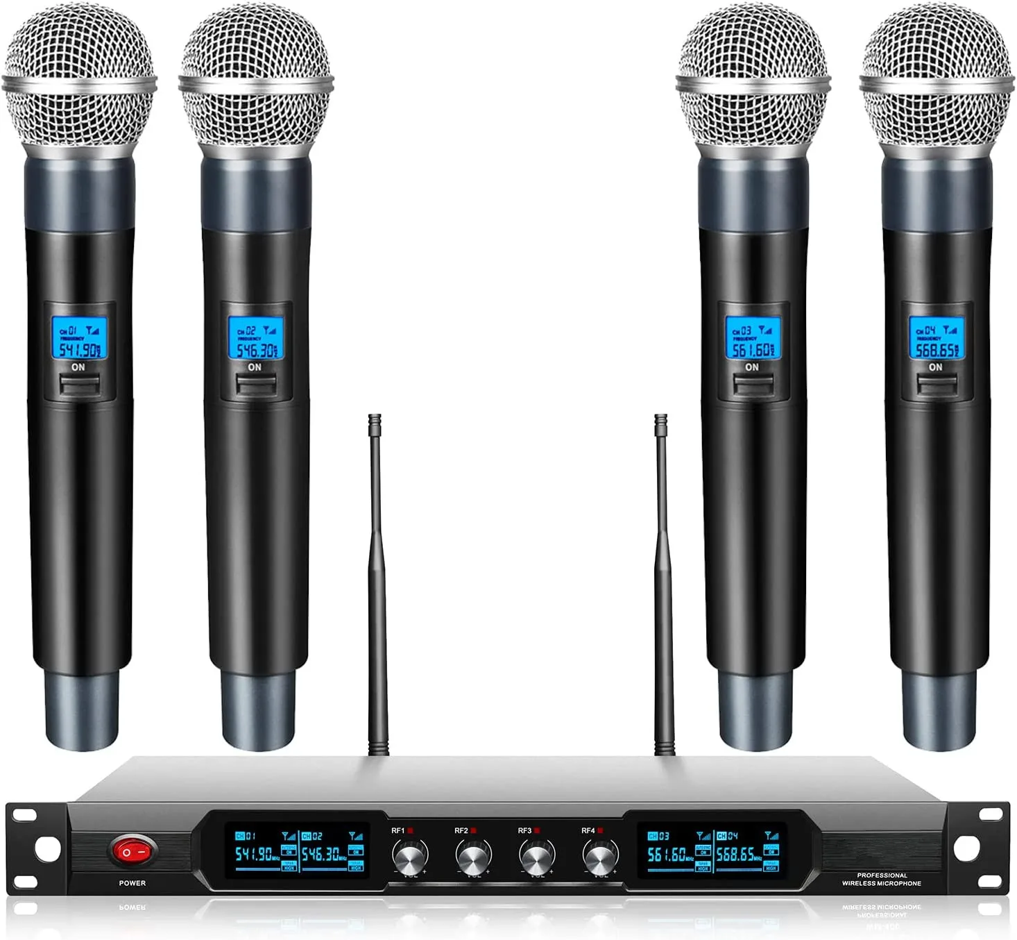 OKSN 4-Channel Wireless Microphone System Quad UHF Metal Cordless Mic 4 Handheld Mics