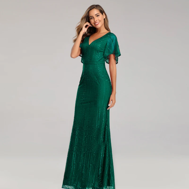 Custom Elegant Long Maxi V Neck Short Sleeve Green Long prom Evening Gown Dress for Women
