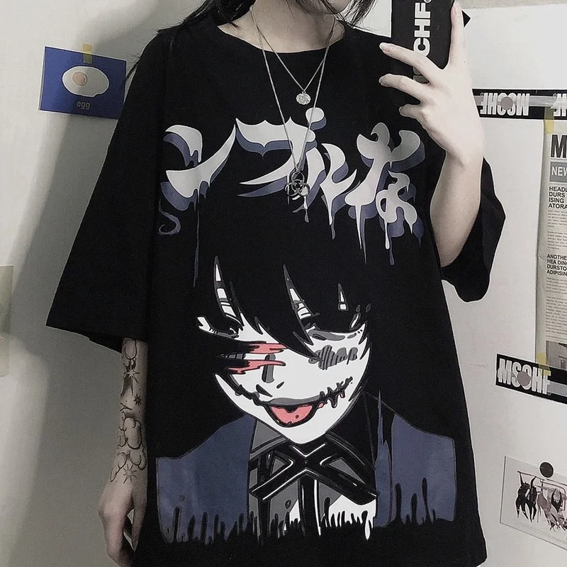 Gothic T Shirts Women Anime Print Graphic Tees Japan Oversized Summer Black Short Sleeve Tops Hentai Punk Alt Clothes Chic