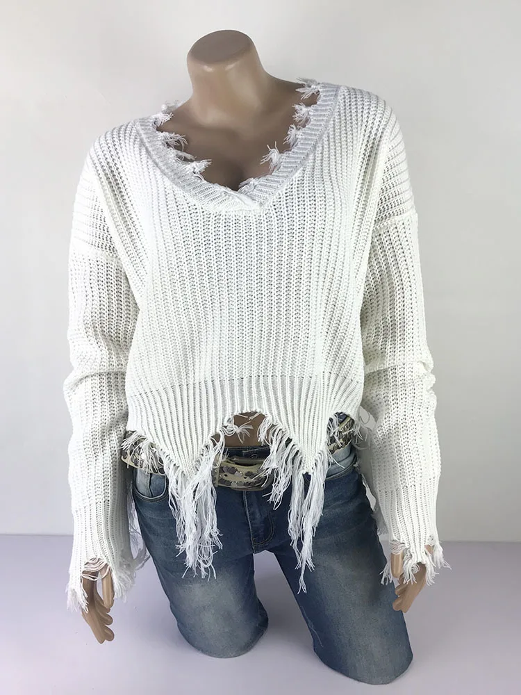 Женский однотонный трикотажный свитер с V-образным вырезом и длинным рукавом