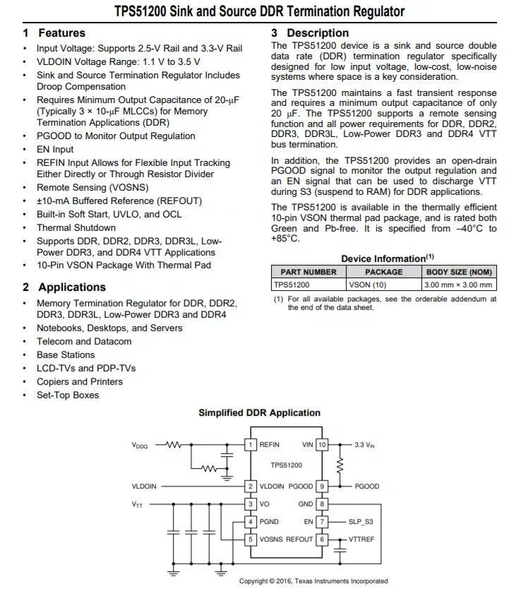 TPS51200DRCR Sink/Source DDR Termination LDO Regulator -0.3V to 6V 3A VSON-10 TPS51200 TPS51200DR in Stock One-stop BOM Sourcing