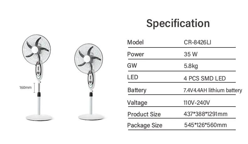 16 inch air cooling stand rechargeable fan with led light AC/DC function and rechargeable fan with lithium battery  solar fan