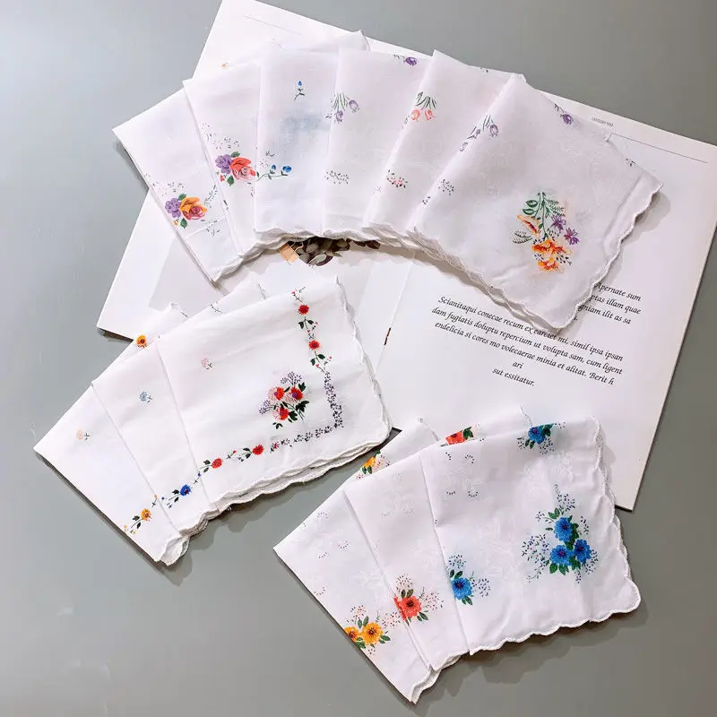Ladies Pure Cotton Handkerchief with Florets Retro Portable Absorbent Handkerchieves Best Gift for Girls Women