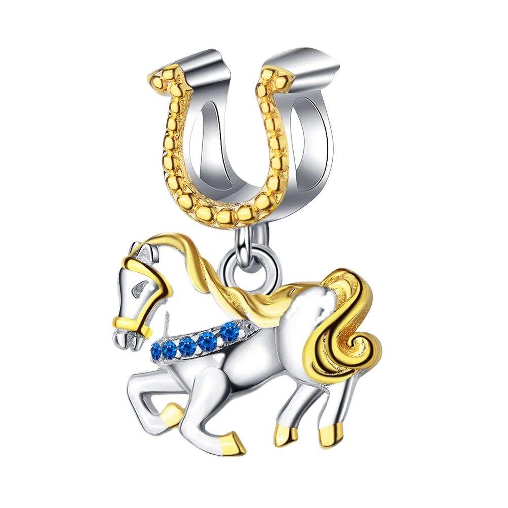 Оптовая продажа, серебро 925 пробы, двухцветное гальваническое покрытие, инкрустированное синим цирконием, в форме пони, красивый браслет мечты, желания, бусины