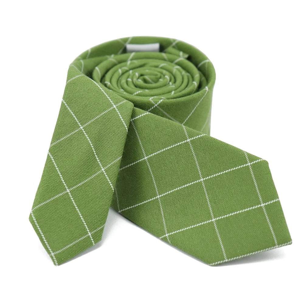 Wholesale Green Cotton Woven Jacquard Plaid Necktie Customized Label Students Slim Skinny Neckties