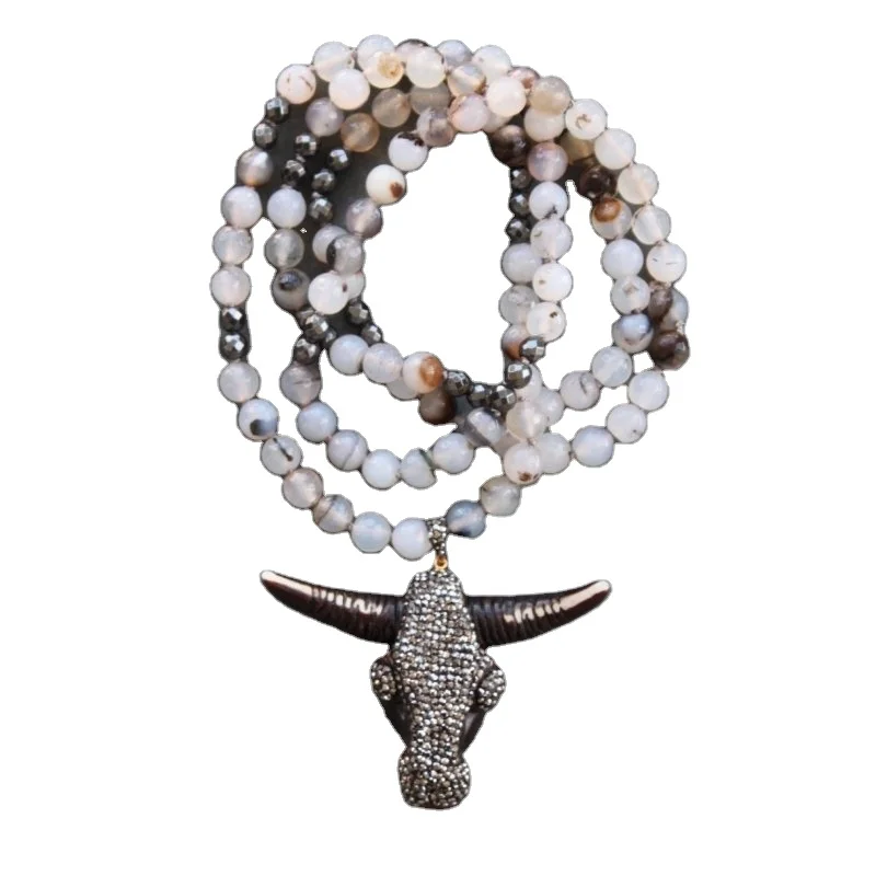 NM23775 крупного рогатого скота черный длинный рог очарование Longhorn ожерелье Пирит камень агат бисера ювелирные изделия вола головы коровы