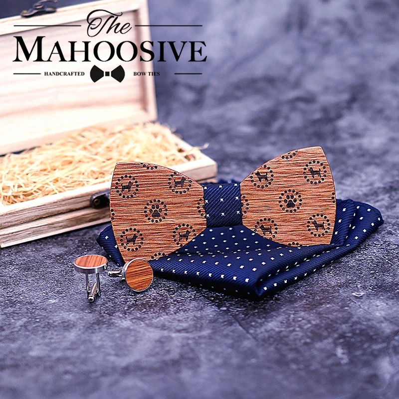 Wooden Dog Engraving Bow Tie Men High Quality Wooden Bow Ties Classic Business Butterfly Solid Wood Cufflinks Hanky Sets