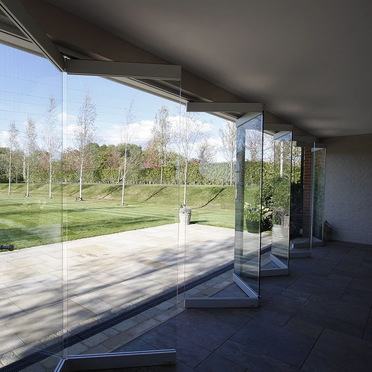 Interior Noiseless Aluminum Frameless Glass Stacking Sliding Door Exterior All Glass Multi Track Sliding Glass Wall System