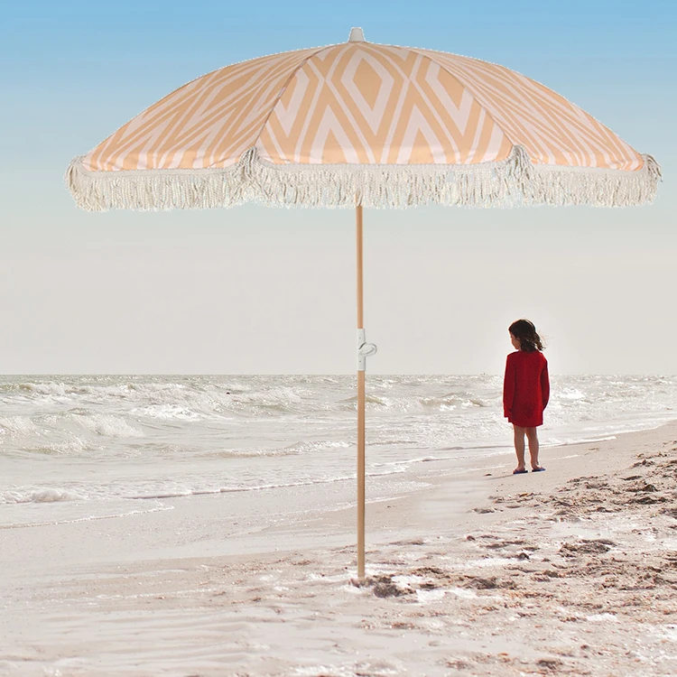 Manufacturer Custom Cheap Wooden Cotton Beach Umbrella With Tassels Luxury Sun Outdoor Parasols Umbrellas