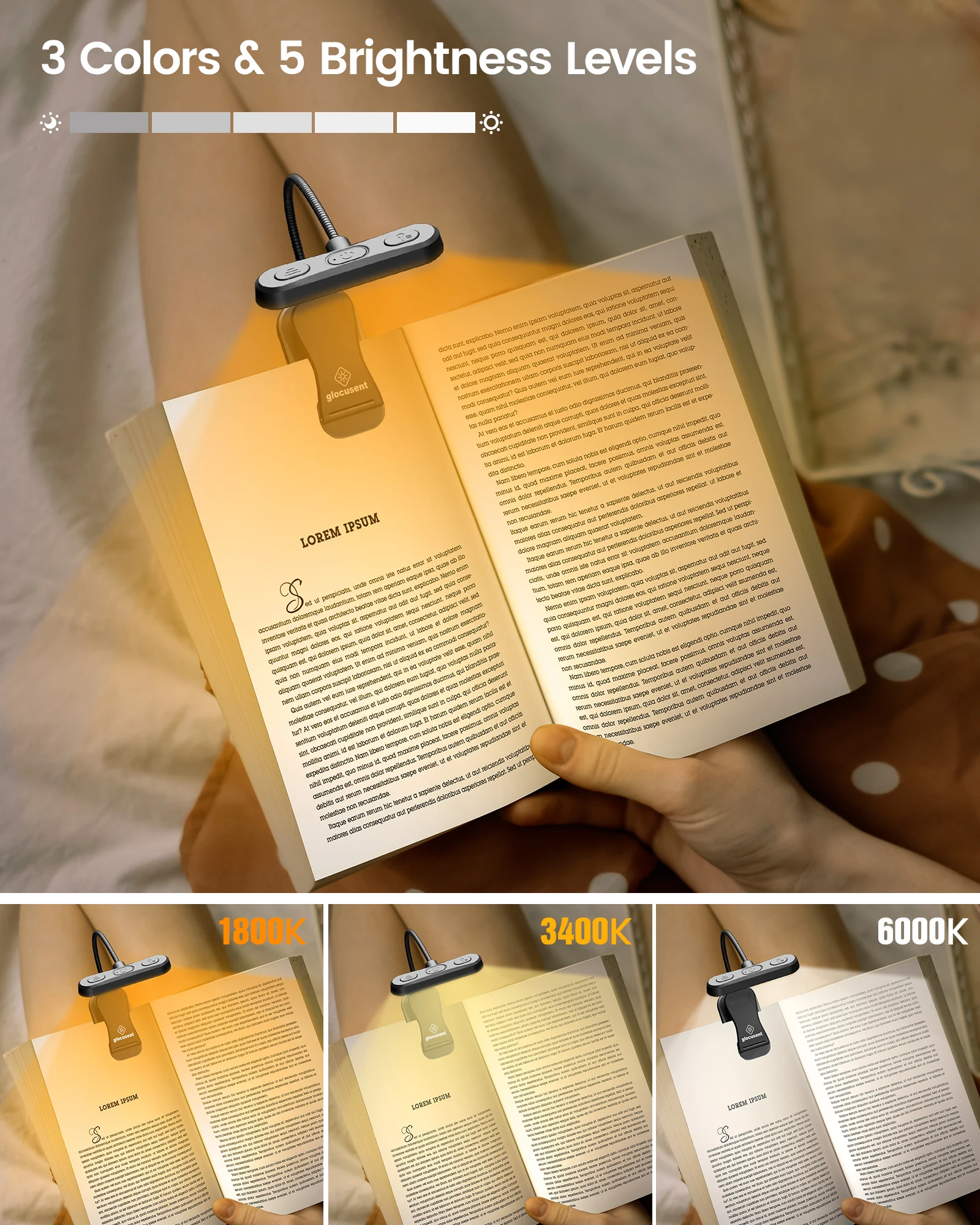 Glocusent Eye Caring Portable Flexible Rechargeable Dimmable ET-Head Clip On Led Book Lamp Reading Night Light