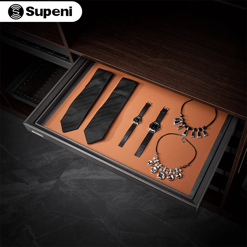 Supeni Wardrobe Accessories Multi-Funcitional Bedroom Storage Soft Closing Pull Out Leather Jewelry Classification Box