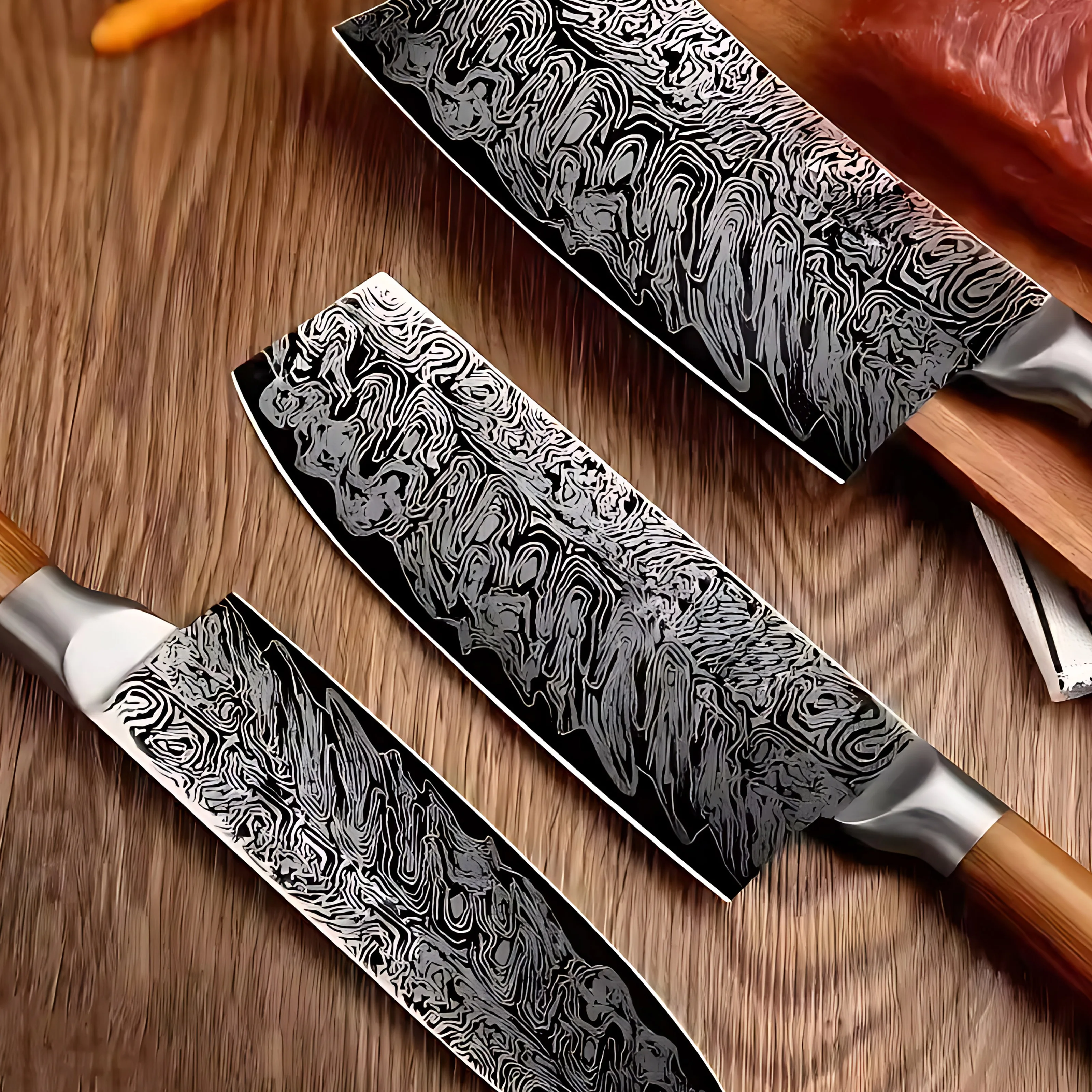 Damascus Pattern Kitchen Knives Set Japanese Style Chef Knife Utility Slicing Chopper Knife with Stainless Steel Handle
