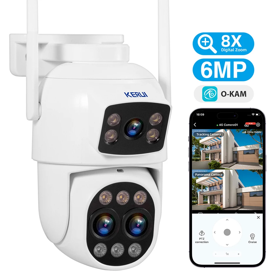 KERUI 6MP Network Wifi Camera 8X Zoom Dual Lens Dome Camera Motion Tracking Home Security Wireless Surveillance PTZ Camera