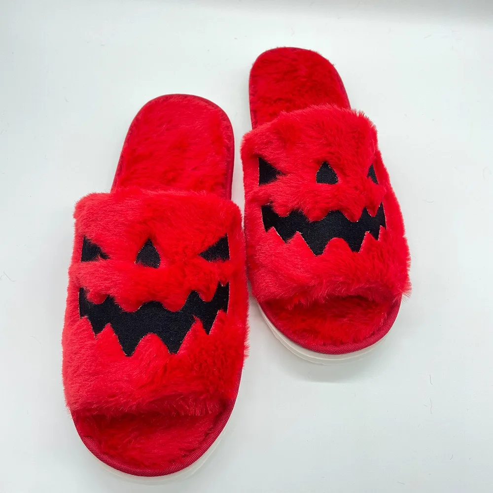 RTS Fashion Popular Womens Orange Slides Slippers Funny Cute Fluffy Warm Cotton Winter Outdoor Party Pumpkin Halloween Slippers