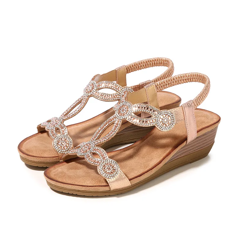 New Style Open Toe Round Bohemian Sandals Casual Rhinestone Hollow Out Ladies Platform Wedge Sandals