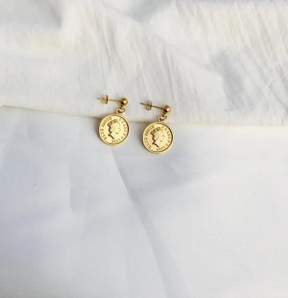 Fashion Popular Elizabeth Copper Coin Set Stainless Steel Gold Plated Necklace Earring Set Women Dylam jewelry