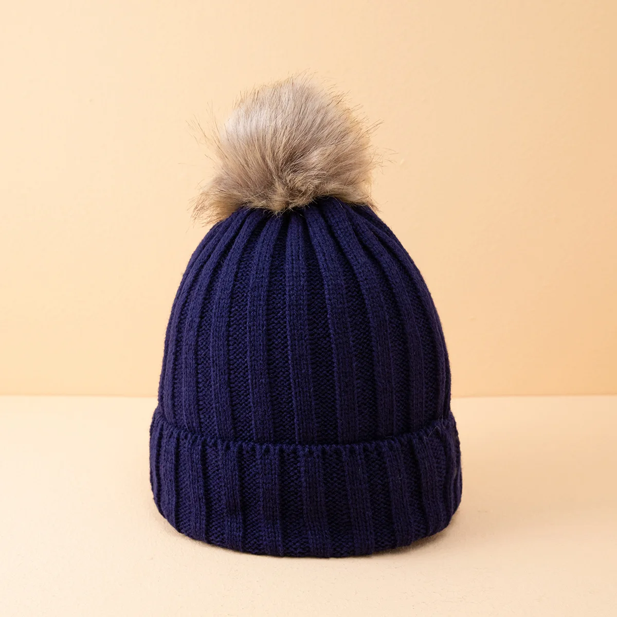 HZM-60970 Womens Winter Knitted Beanie Hat with Faux Fur Pom Beanie Warm Knit Skull Cap Beanie for Women