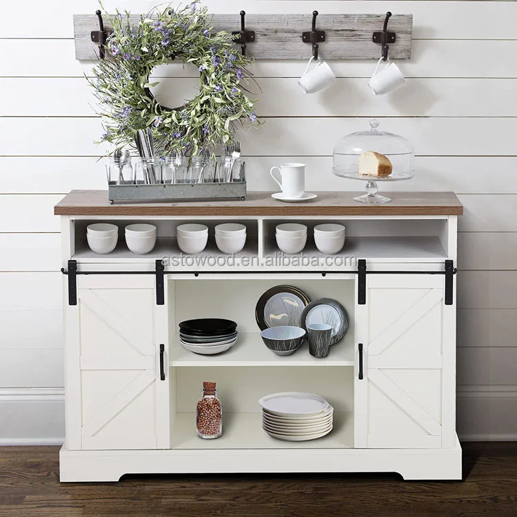 Farmhouse Sideboard Cabinet Storage with Sliding Barn Doors and 4 Adjustable Shelves for Kitchen dining room