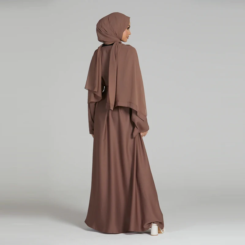 Muslim Eid 100% Polyester Nidha Dusky Taupe Umbrella Cut Belt Closed Crew Neck Abaya Women Muslim Dress