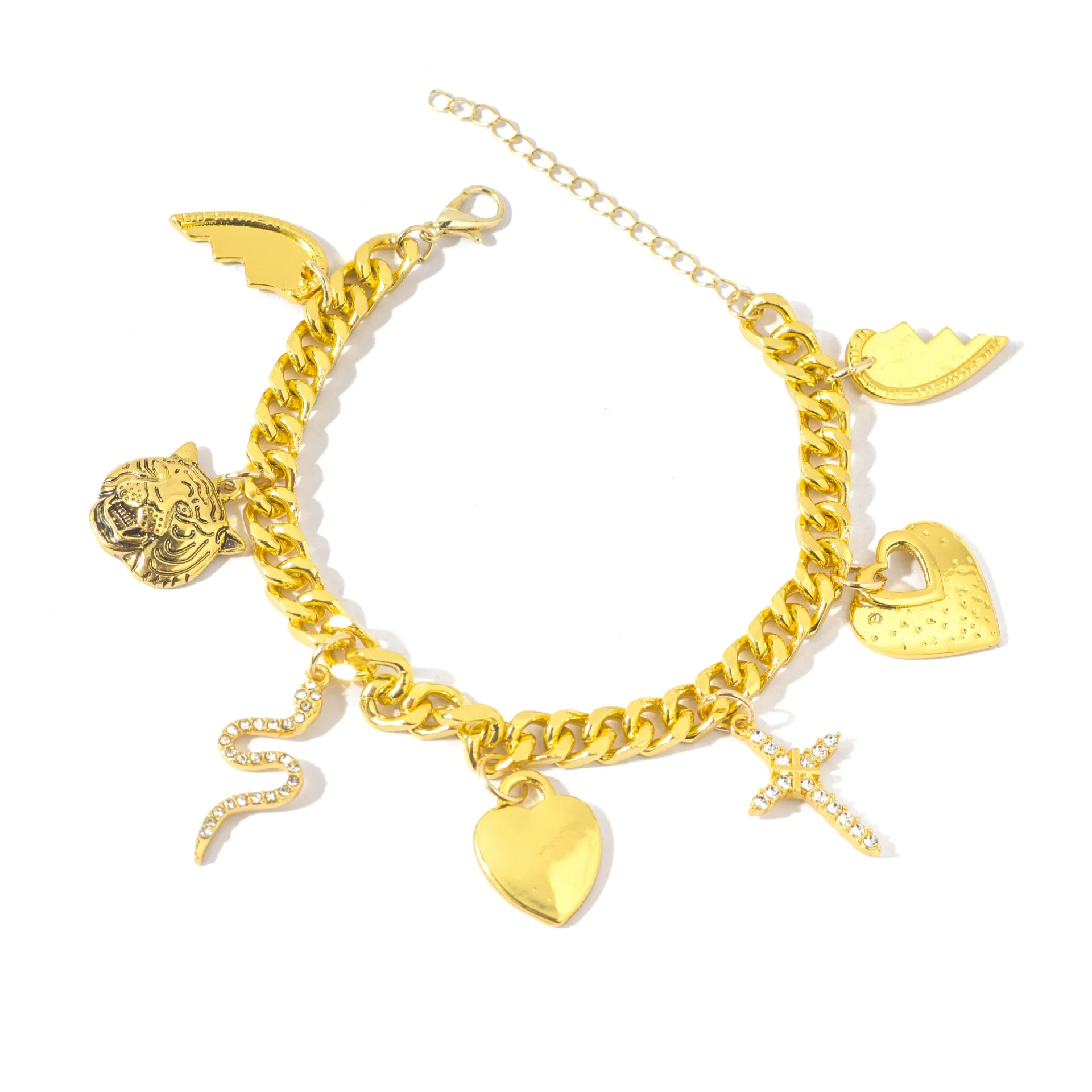 Trendy Goldtone Wide Chain Bracelet Wings/Heart/Snake/Tiger/Cross with Crystal Charms Bracelet Multifarious Jewelry