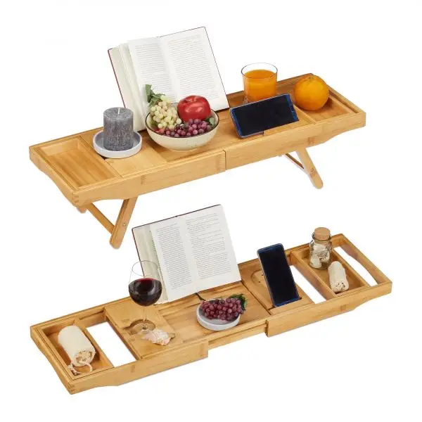 Expandable Bamboo Bath Tray Organizer with Book and Wine Glass Holder Cell Phone Slot for Spa Bathroom Shower Bathtub Caddy Tray