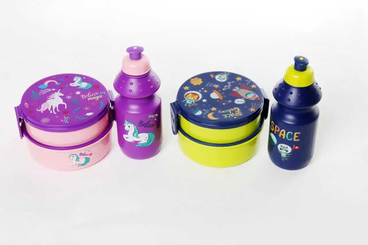 2 Double Layer Stackable Compartmentalized Sealed Kid Lunch Box Set with Bottle Lunch Box Kettle Set