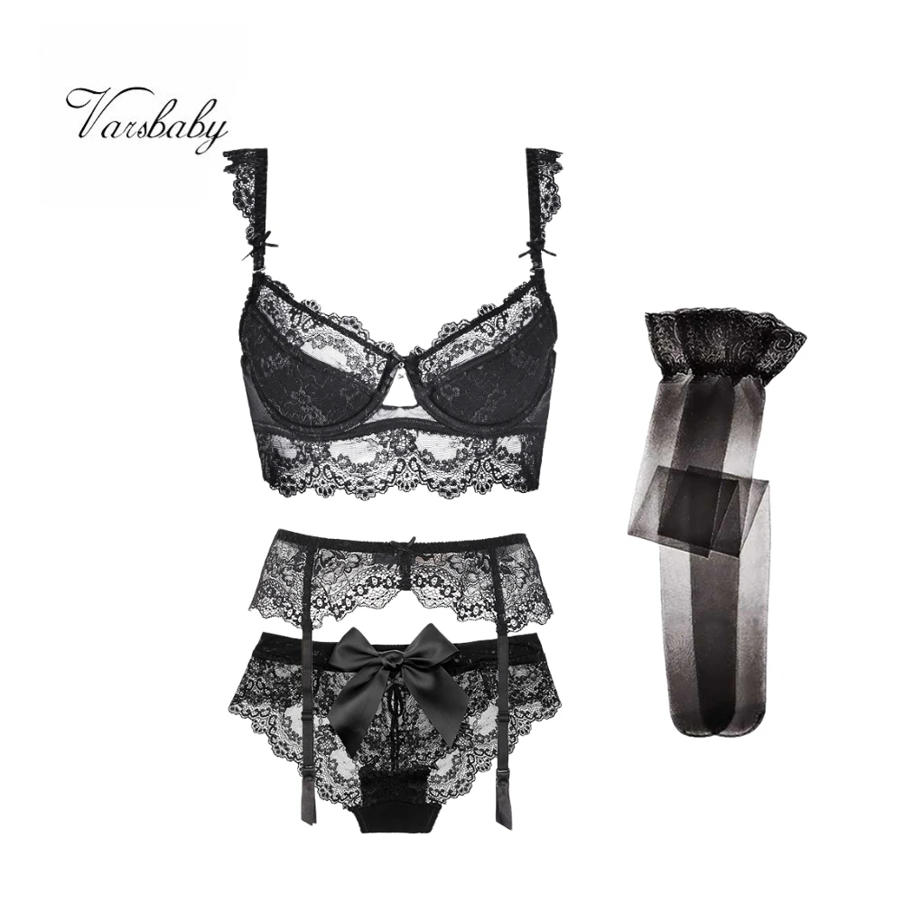
Varsbaby Sexy 4 Pcs Bras+Garters+Panties+Stockings 