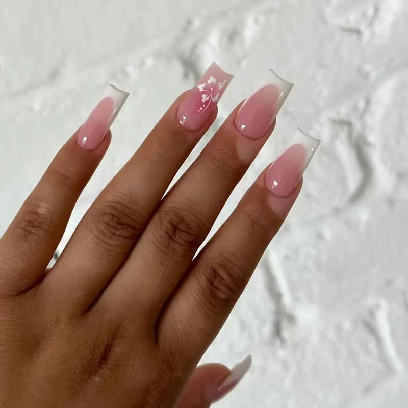 White French False Nails Long French Press On Nails With Flower Wearable Coffin Fake Tips Manicure Tips Art Ballet Nails