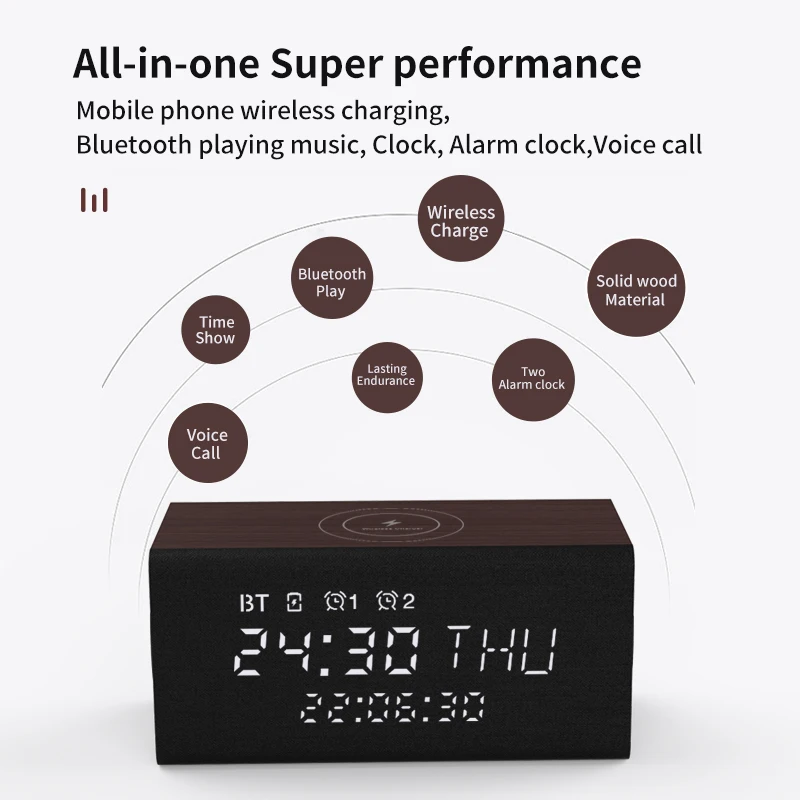 Custom Wooden 5.1 bt wireless charging charger lamp speaker Super bass Mini Portable Wireless Speaker with alarm clock