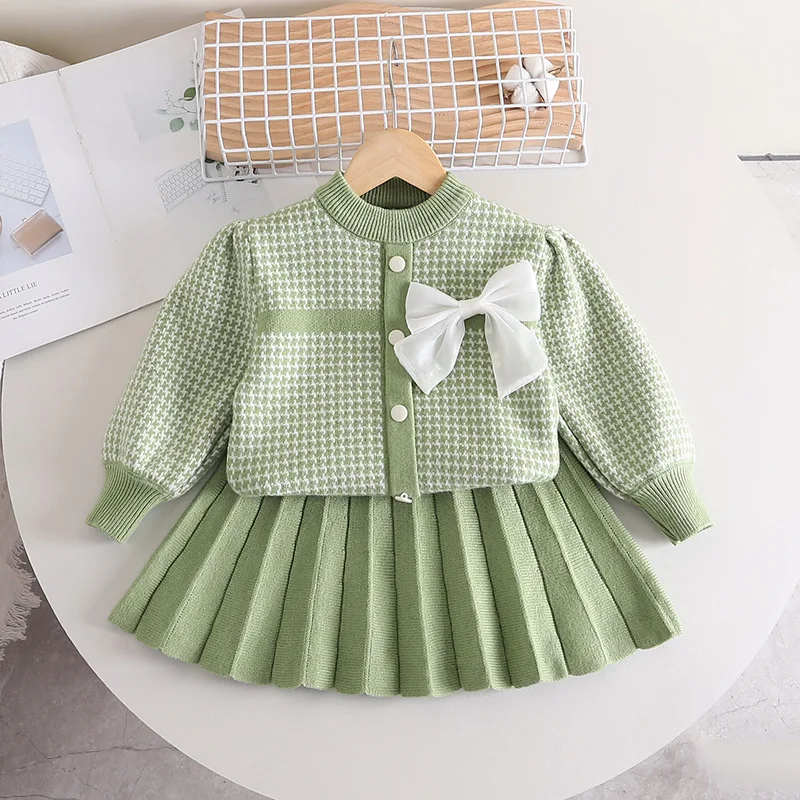 Girls Designer New Solid Sweater Plaid Pleated Skirt Autumn Winter Bow Knitting Two Pieces Long Bubble Sleeves Kids Wear