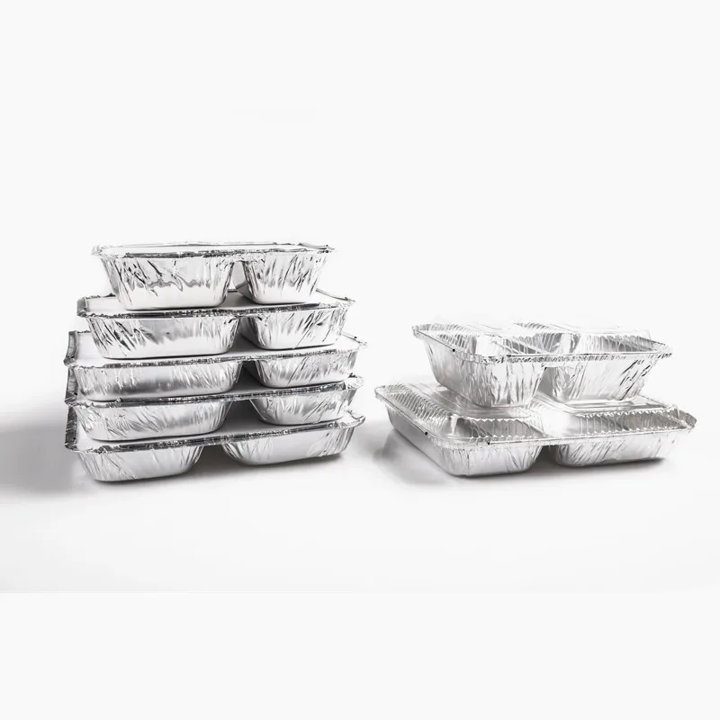 
China manufacturer disposable tin 2 compartment lunch food box aluminum foil trays for fast food packing takeaway 