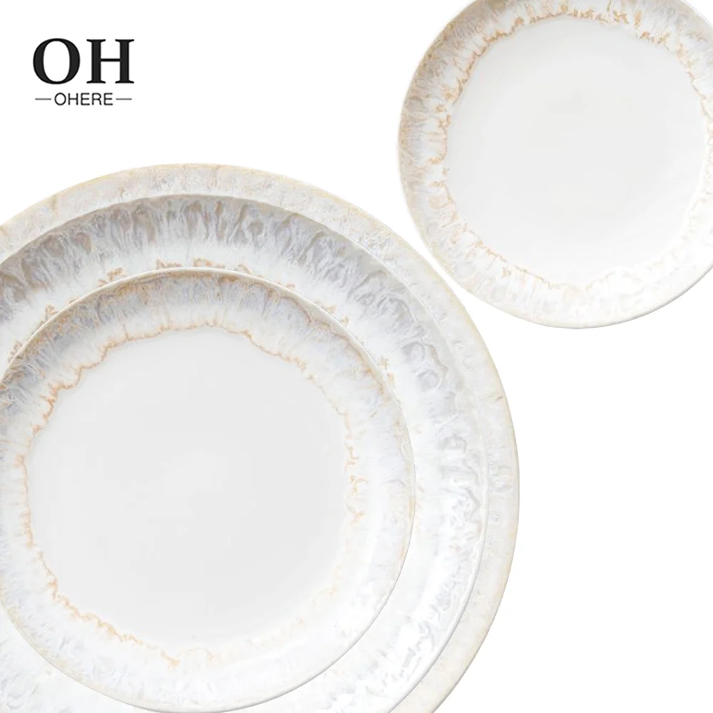 Artistic stone texture edge 4 pcs ceramic plate sets Simple white color wedding charger service dinner plate Microwave Safe use