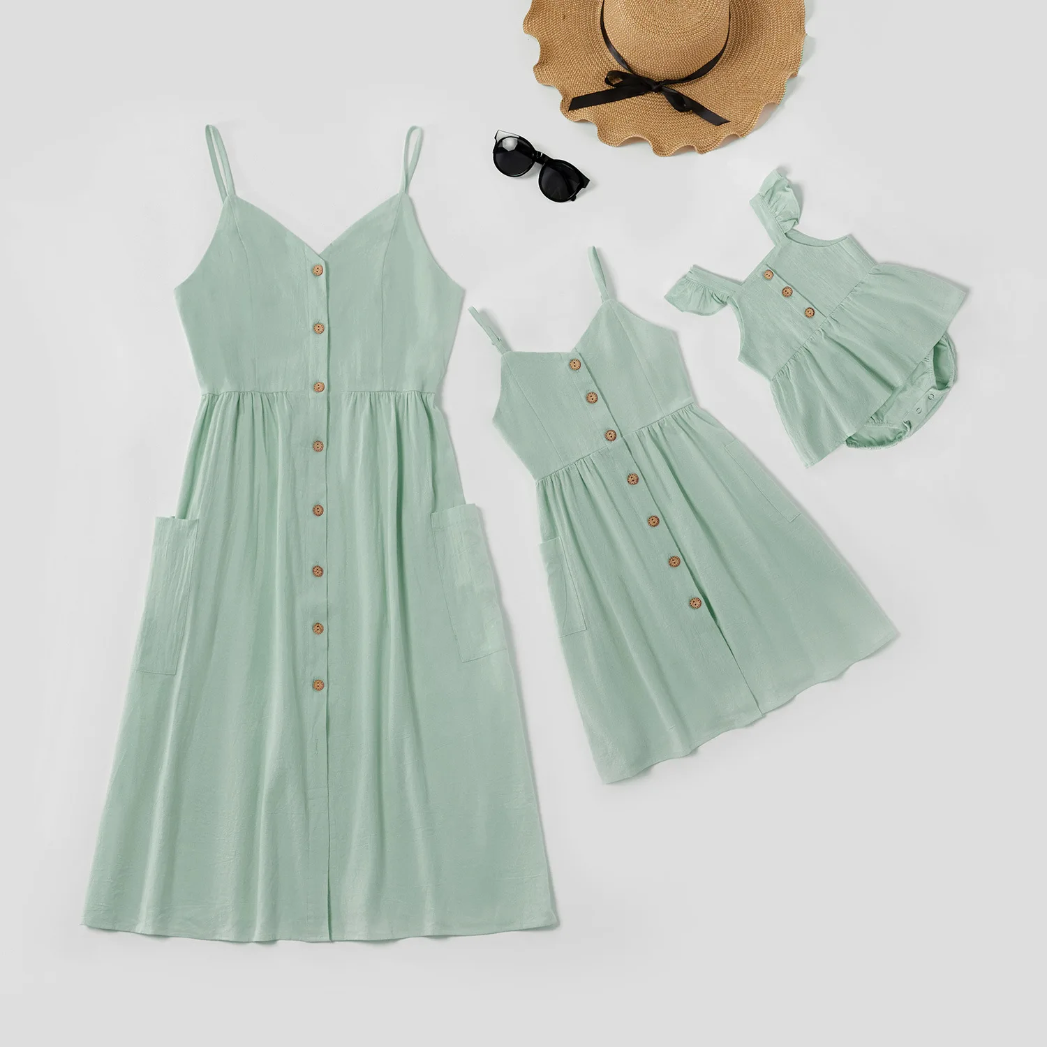 
Sleeveless Button Pockets Loose Skirts Long Dress Parent-child Kids Baby Skirts 